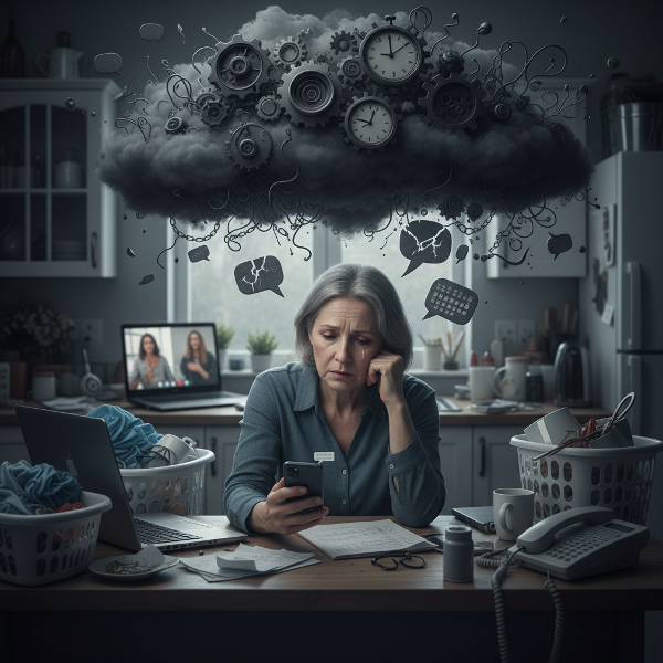 Uma mulher de meia-idade sobrecarregada, cercada por ícones de estresse e linhas de comunicação quebradas, em um ambiente que mistura trabalho e lar.