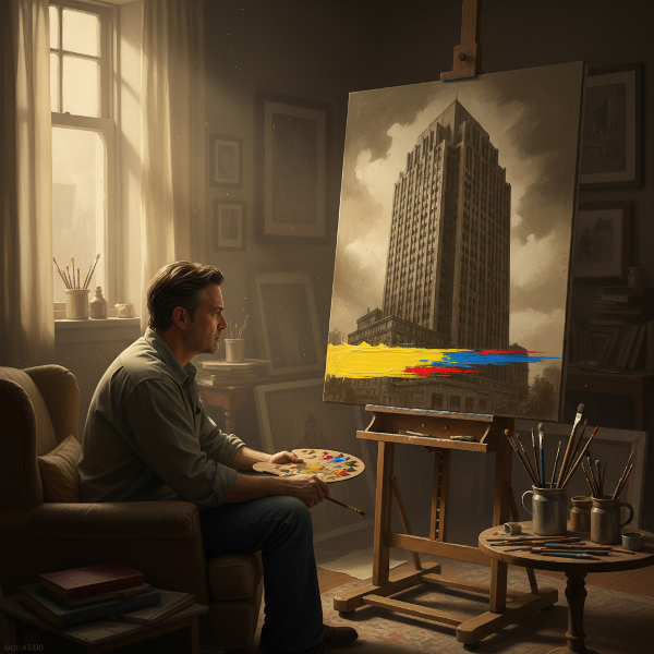 Um homem de meia-idade reflete em um ambiente escuro, com uma pintura antiga de um prédio corporativo desbotada, enquanto uma nova pincelada de cor começa a surgir, simbolizando transição e esperança.