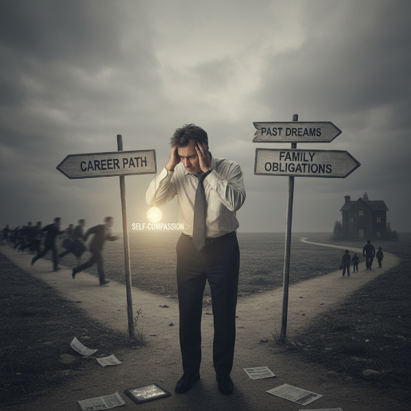 Um homem de meia-idade em um momento de reflexão profunda, representando a crise e a busca por equilíbrio emocional.