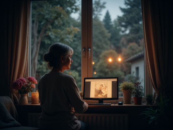 Uma mulher de meia-idade reflete sozinha em sua casa silenciosa, com objetos que simbolizam filhos crescidos e um marido ausente, enquanto olha para um laptop que representa conexões frias.