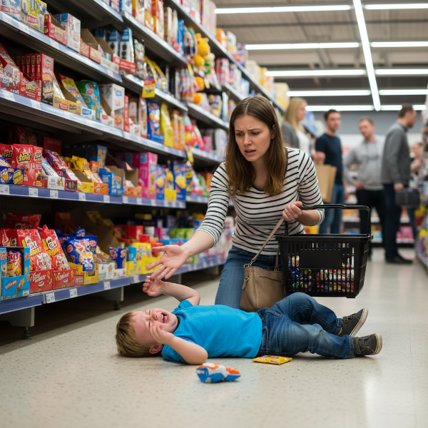 Mãe e filho em crise de birra no corredor de um supermercado, com estantes de doces e brinquedos visíveis.