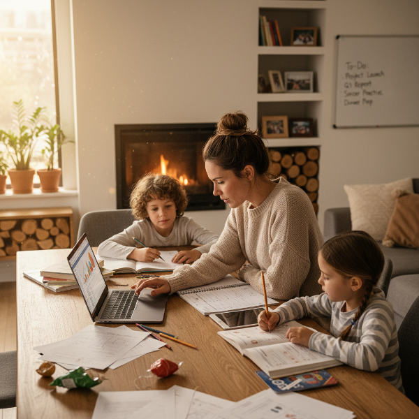 Uma mãe empreendedora em casa, equilibrando trabalho no laptop com apoio aos filhos na lição de casa, em um ambiente acolhedor.