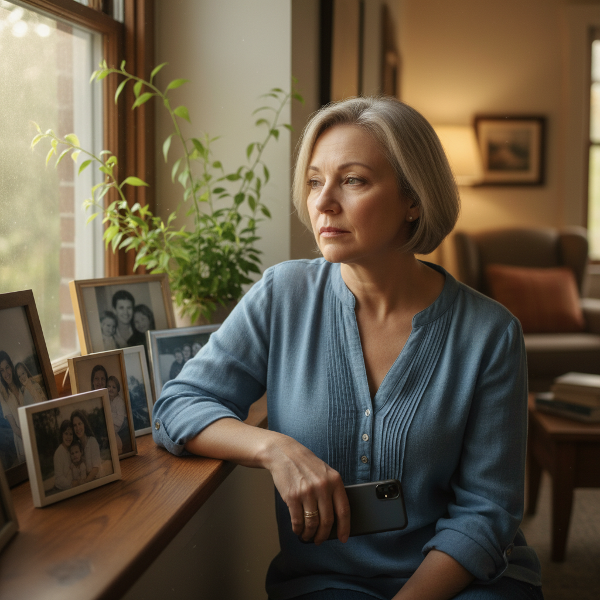 Uma mãe em momento de reflexão, segurando um telefone e olhando pela janela, com fotos de família ao fundo, representando a saudade e a transição de vida.