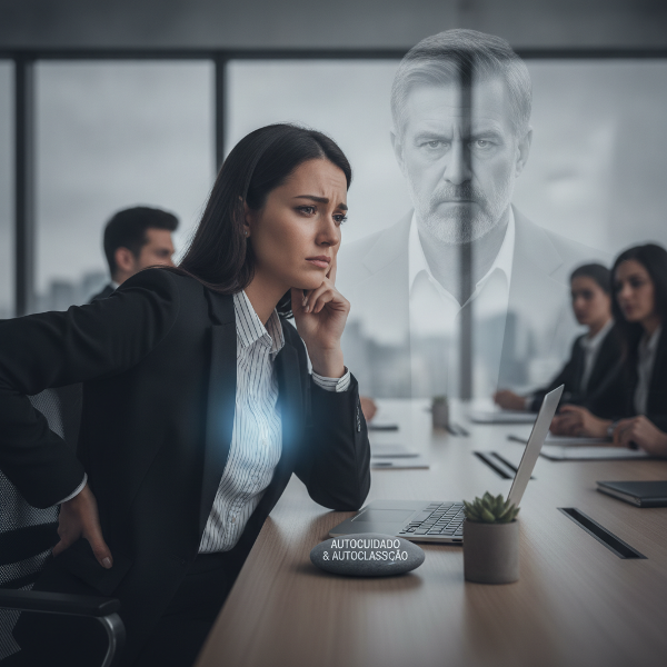 Ilustração mostrando uma mulher executiva em reunião, com uma mão nas costas e expressão tensa, enquanto ao fundo aparece uma sombra paterna rígida, e na frente um caminho de luz com símbolos de respiração e alongamento.