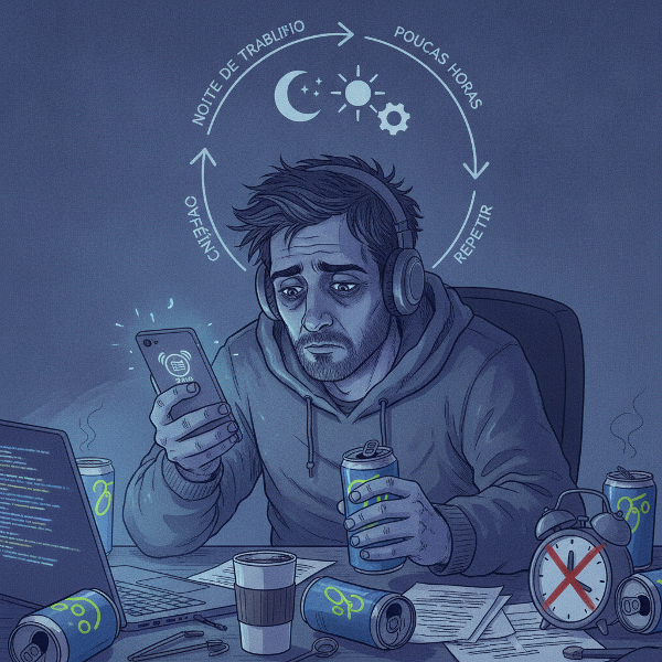 Homem em turno noturno cercado por latas de energético, café e celular, com olheiras, em quarto escuro, transmitindo cansaço e isolamento.