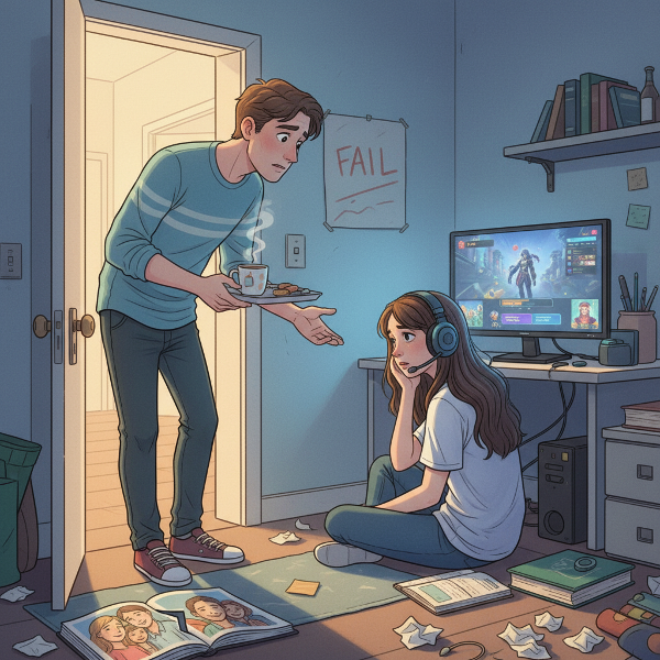 Irmão mais velho tenta se conectar com irmã adolescente isolada no quarto, usando jogos online, enquanto mostra apoio e paciência.