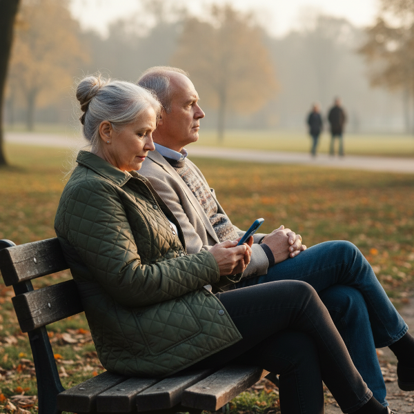 Um casal maduro em um banco de parque, com um deles distraído no celular, ilustrando a desconexão emocional nos fins de semana.