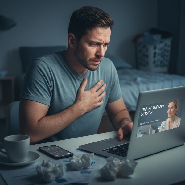 Uma imagem que retrata uma pessoa em sofrimento emocional, com elementos visuais que sugerem flashbacks de conflitos no trabalho, ansiedade e sintomas físicos, enquanto busca apoio terapêutico online.