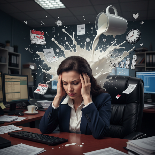 Imagem que retrata uma gerente de projetos sobrecarregada, cercada por símbolos de pressão no trabalho e em casa, ilustrando a irritabilidade e o estresse descritos.