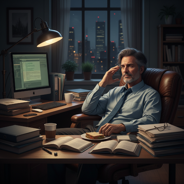 Um psicólogo masculino exausto, trabalhando tarde da noite, cercado por símbolos de sobrecarga e compaixão, refletindo esgotamento e ansiedade.