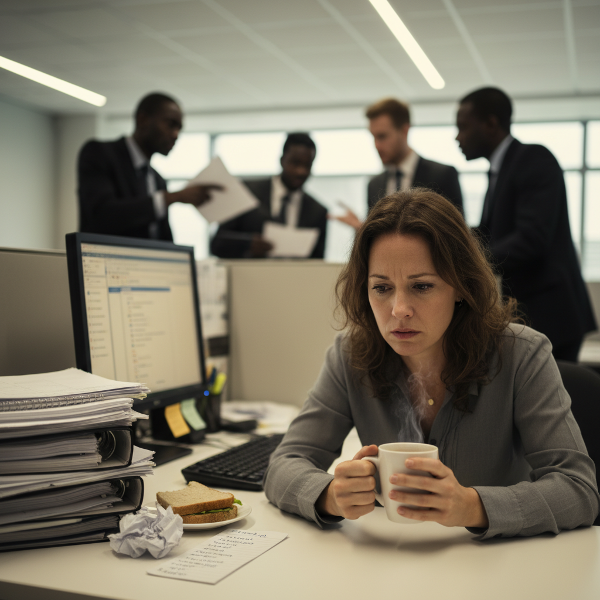 Uma mulher em seu ambiente de trabalho, cercada por telas e papéis, expressando cansaço e dificuldade de concentração, enquanto colegas aparecem desfocados ao fundo.