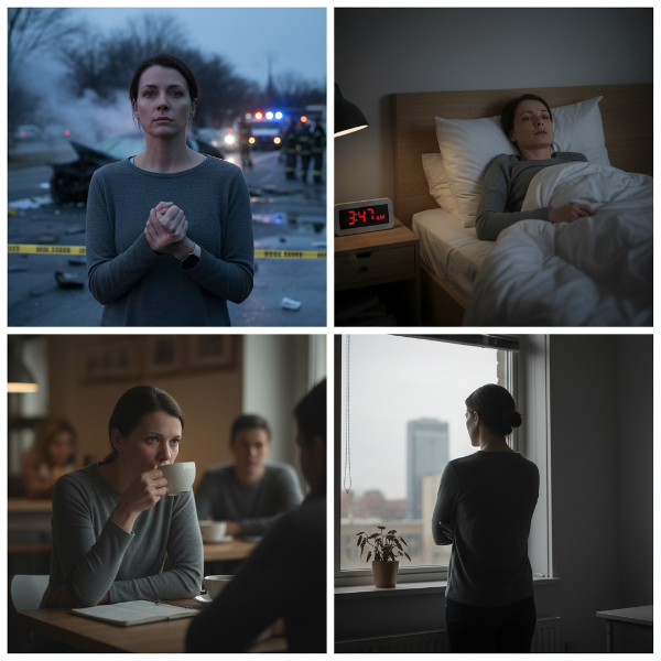 Uma mulher perfeccionista testemunha um acidente de carro traumático, refletindo ansiedade, insônia e distanciamento emocional.