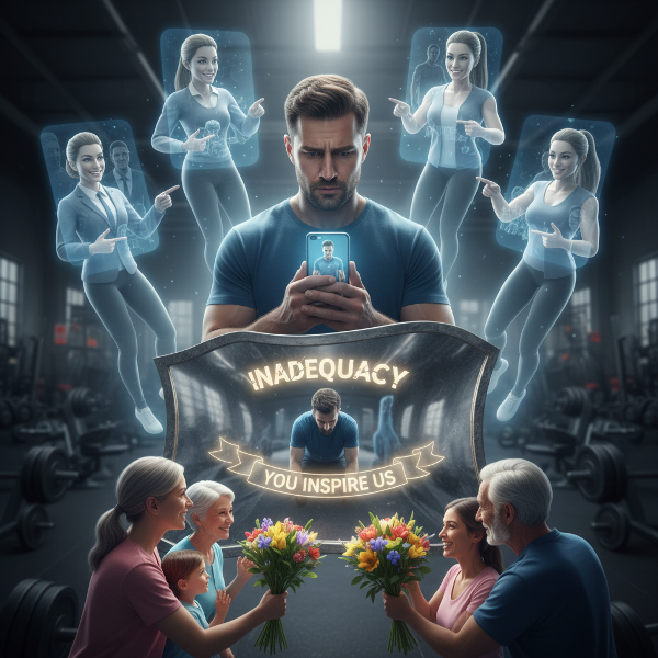 Um professor de educação física olha para seu celular, cercado por figuras fantasmagóricas de coaches de sucesso. Ele está diante de um espelho distorcido que reflete sua inadequação, enquanto pessoas reais lhe oferecem flores que simbolizam elogios genuínos.