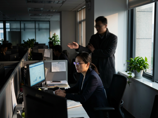 Uma mulher profissional em um escritório, com expressão preocupada diante do computador, enquanto uma figura sombria a observa de forma desdenhosa. Um vaso de planta recebe luz solar, representando resiliência e crescimento.