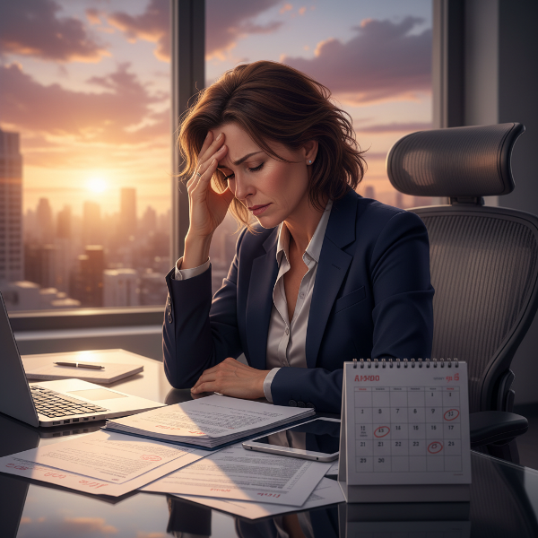 Mulher profissional sentindo dor de cabeça sob pressão no trabalho, com elementos visuais que sugerem ansiedade e a fase de transição da menopausa.