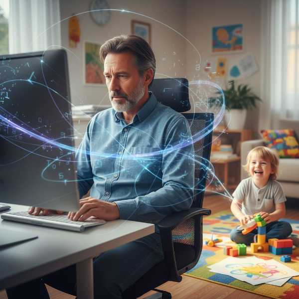 Um homem de meia-idade em seu escritório, cercado por conexões digitais tênues, enquanto uma criança energética brinca ao fundo, representando solidão e o desafio de cuidar de outros.