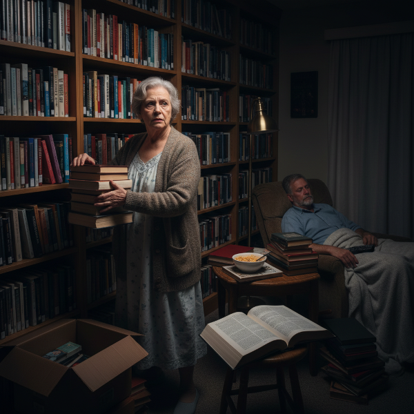 Uma mulher em sua biblioteca noturna, cercada por livros organizados por cor, com expressão de ansiedade, enquanto seu marido dorme em outro quarto.