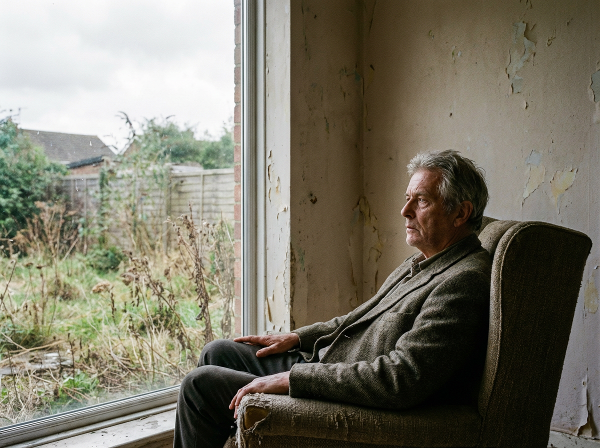 Um homem aposentado em sua sala, imerso em apatia e isolamento, enquanto um jardim antes cuidado está visível e negligenciado ao fundo.