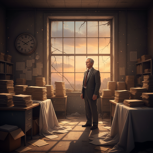 Um homem aposentado em seu antigo escritório vazio, refletindo com ansiedade sobre o futuro, simbolizando a transição e a busca por um novo propósito.