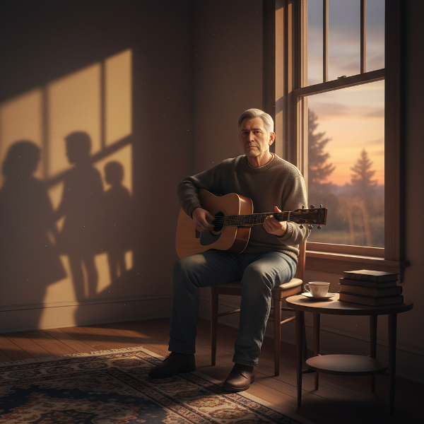 Um homem aposentado em um momento de introspecção, com um instrumento musical, simbolizando a busca por conexão através da música, enquanto sombras familiares sugerem a complexidade das relações.