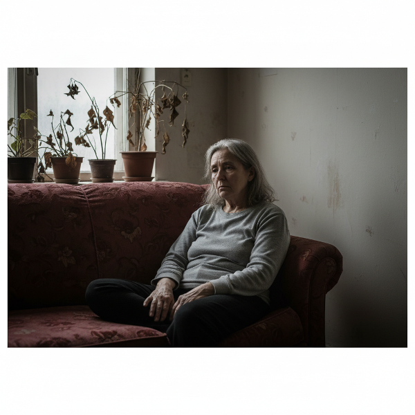 Uma professora aposentada sentada em seu sofá, imóvel, em um ambiente doméstico negligenciado, ilustrando a perda de propósito e o vazio pós-aposentadoria.