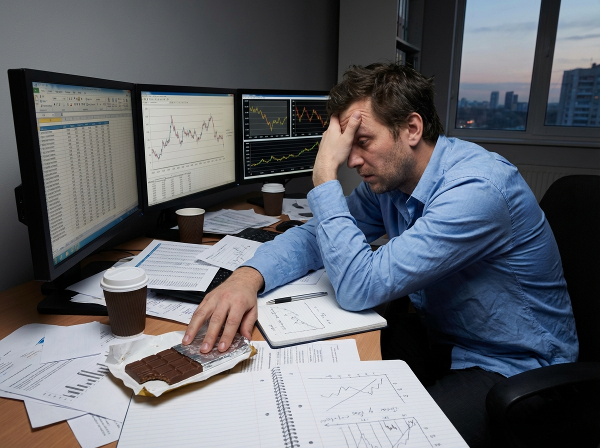 Um analista de dados estressado em seu escritório, cercado por gráficos e telas, buscando conforto em doces para lidar com a pressão do trabalho.