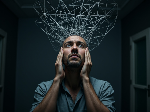 Um homem de meia-idade com expressão tensa e confusa, mostrando dor nos ombros e cabeça, com linhas abstratas de ansiedade ao seu redor.