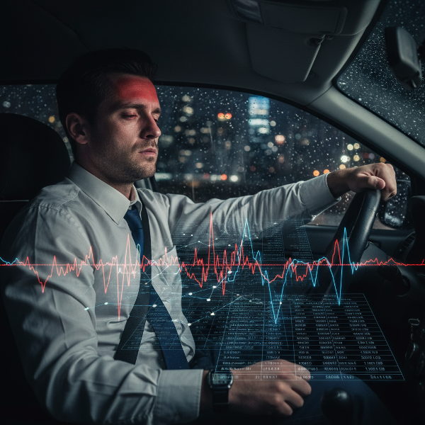 Homem estressado no carro com indicadores de pressão alta e planilhas visíveis