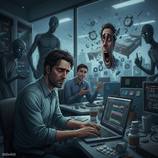 Um gerente de projetos em um escritório de tecnologia, visivelmente ansioso, com elementos visuais que representam a sabotagem de um colega e o impacto em seu bem-estar.