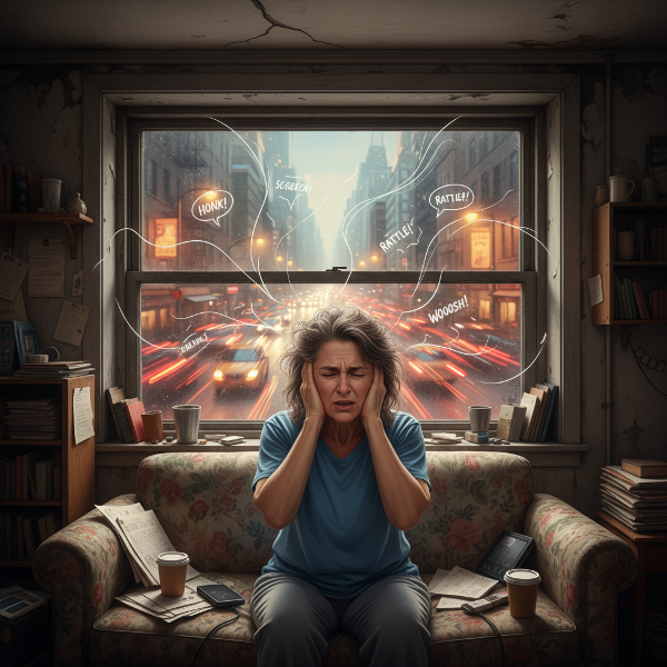 Uma mulher de meia-idade, com expressão angustiada, tampa os ouvidos dentro de um apartamento. Pela janela, vê-se o tráfego intenso de uma avenida, simbolizando o ruído constante que a perturba.