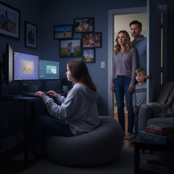 Uma adolescente de costas para a tela do computador, com pais e irmão mais novo observando à distância, em um ambiente familiar que sugere tensão e desejo de reconexão.