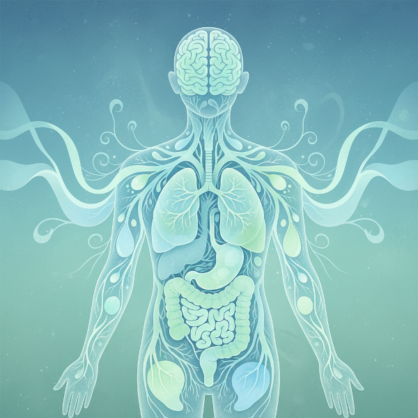 Ilustração abstrata de uma figura humana onde padrões cerebrais se transformam em nervos e órgãos, simbolizando a conexão psicossomática entre emoções e sintomas físicos.