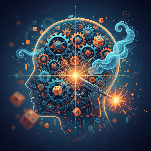 Imagem abstrata representando a arquitetura interna da decisão humana, com elementos de análise, intuição e ação se conectando.