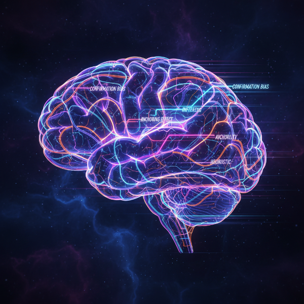 Ilustração de um cérebro com circuitos neurais que formam atalhos e desvios, representando os vieses cognitivos e heurísticas que influenciam o pensamento.