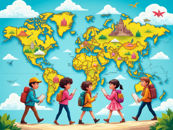 Ilustração colorida e divertida de viajantes explorando um mapa-múndi com pontos turísticos estilizados, em estilo cartoon vibrante.