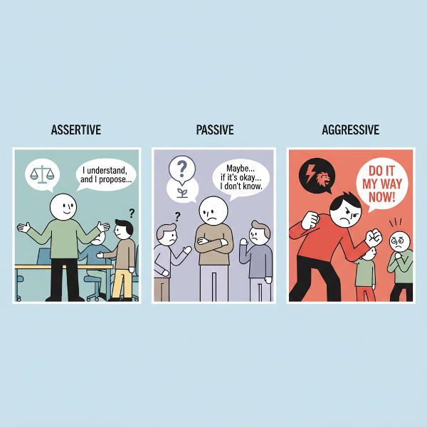 Ilustração mostrando três estilos de comunicação: assertivo (equilíbrio), passivo (retração) e agressivo (confronto), em contextos sociais e profissionais.