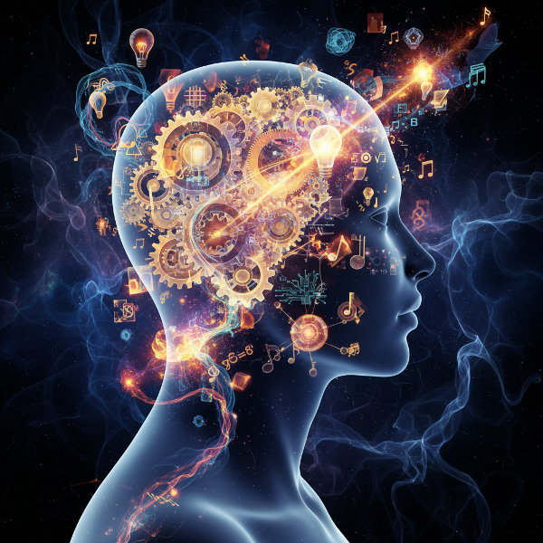 Ilustração abstrata de um cérebro criativo, mostrando engrenagens, conexões neurais e ideias em explosão de cores, simbolizando os mecanismos do pensamento inventivo.