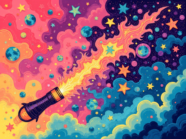 Ilustração de uma cabeça humana com luzes e formas abstratas coloridas saindo, representando a geração de ideias e a superação de bloqueios criativos.