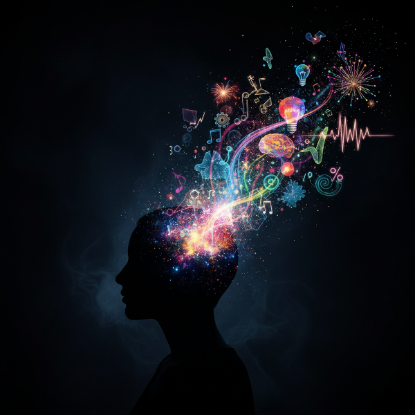 Uma ilustração de uma mente criativa em atividade, com pensamentos coloridos e conexões inesperadas se formando como uma explosão de ideias.