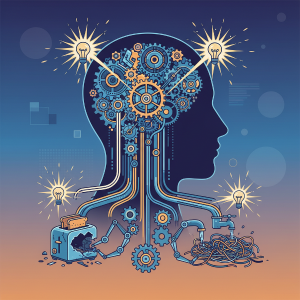 Ilustração de uma mente criativa em ação, com engrenagens e conexões representando o processo de solução prática de problemas, luzes simbolizando insights e ideias fluindo.