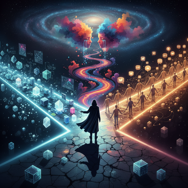 Uma pessoa em uma encruzilhada simbólica, com três caminhos visuais representando análise, emoção e consenso, em um estilo de arte digital limpo e moderno.