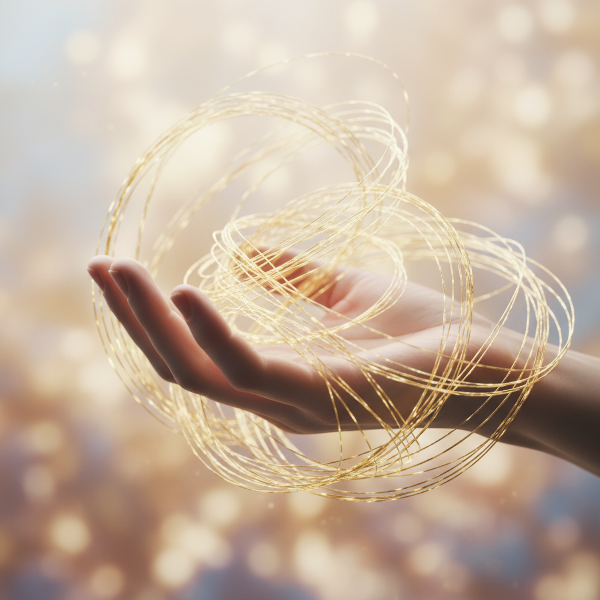Imagem abstrata representando conexão emocional profunda através de fios de luz que se entrelaçam.