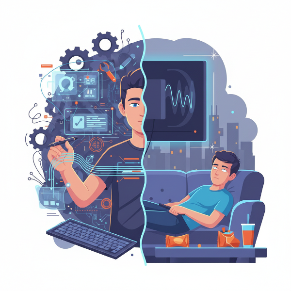 Ilustração de uma pessoa dividida entre criar ativamente e consumir passivamente conteúdo digital, representando o equilíbrio no ecossistema online.