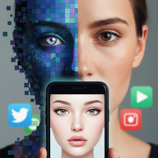 Rosto dividido entre realidade física e representação digital, refletido em uma tela de smartphone que mostra uma versão idealizada, com ícones de redes sociais desfocados ao fundo.