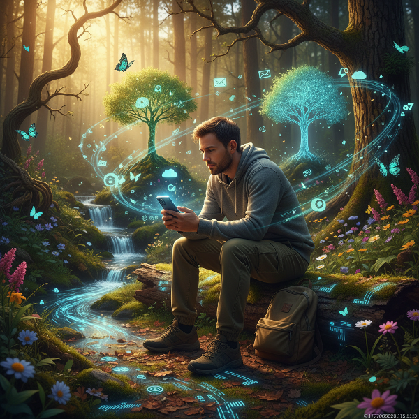 Uma pessoa refletindo sobre seu uso da tecnologia, com elementos digitais e naturais se fundindo ao seu redor, representando a busca por equilíbrio.