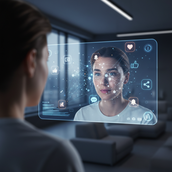 Uma ilustração simbólica mostrando uma pessoa diante de um espelho digital que reflete sua presença online, com elementos visuais representando notificações, conexões sociais e emoções, destacando a interseção entre identidade real e virtual.