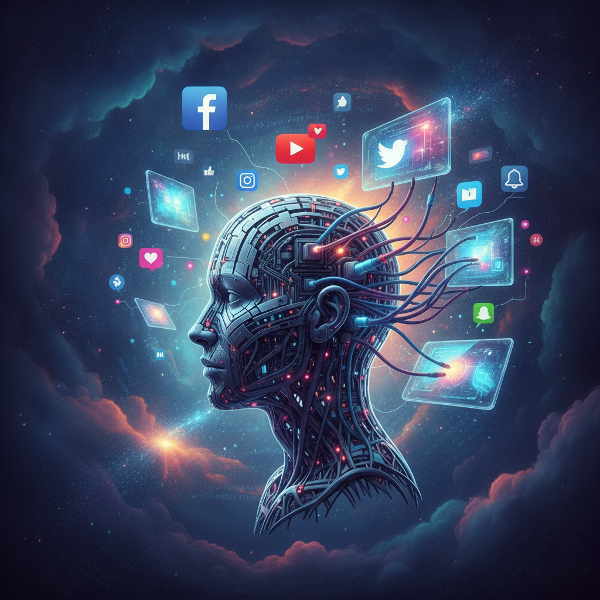Imagem mostra um perfil de cabeça com circuitos e ícones de aplicativos, representando a relação emocional e psicológica com o mundo digital.