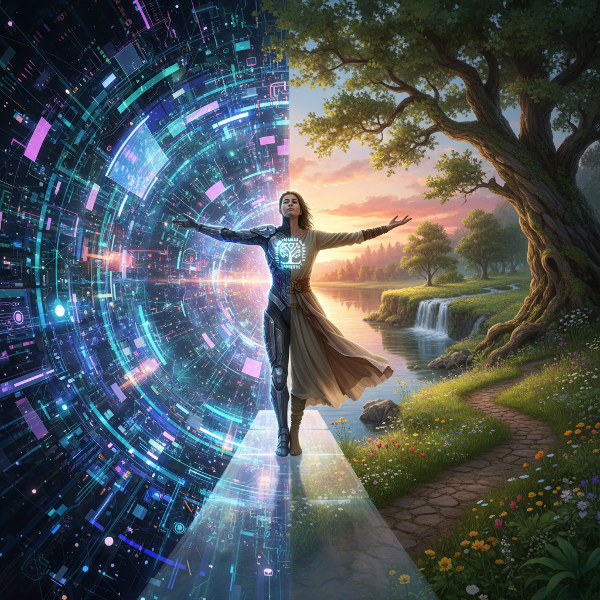 Uma ilustração mostrando uma pessoa em equilíbrio entre um mundo digital brilhante e uma paisagem natural tranquila, representando harmonia entre tecnologia e vida real.