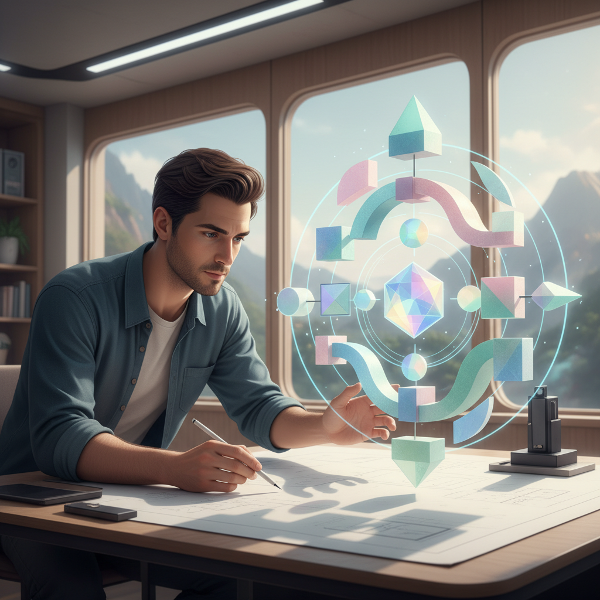 Imagem de um arquiteto emocional desenhando uma estrutura interna harmoniosa, representando o planejamento e equilíbrio das emoções.