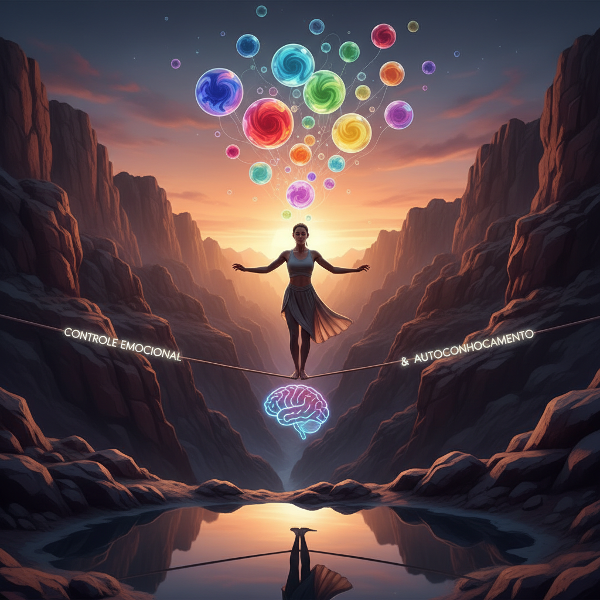 Ilustração simbólica de uma pessoa mantendo equilíbrio emocional, com cores vibrantes representando diferentes sentimentos.